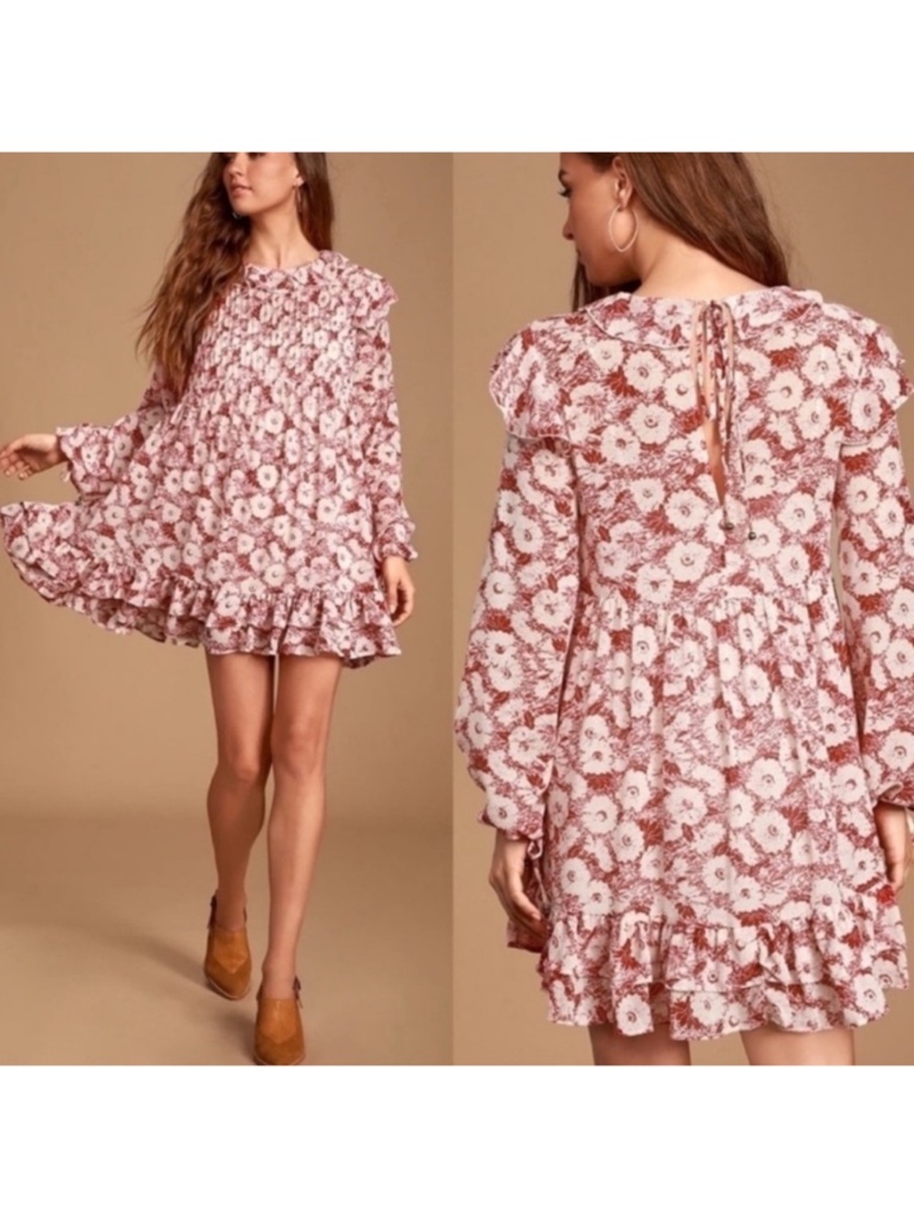 NWT Free People Babydoll Dress These Dreams Mini sheer Cream Red Size Small NEW